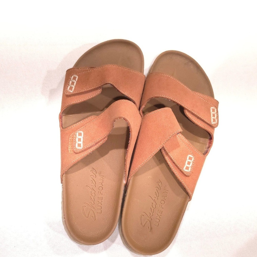 Skechers Luxe Foam Coral Peach Slide Sandals Adjustable Straps 56176 Womens 10
